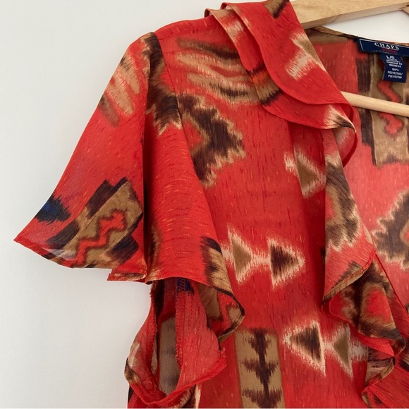 CHAPS DENIM VINTAGE STYLE ORANGE/BROWN SHORT SLEEVE TOP/BLOUSE W/FRONT RUFFLE, L - Picture 5 of 12